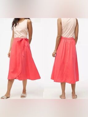 J.Crew Blended Linen Coral Wrap Midi Skirt
